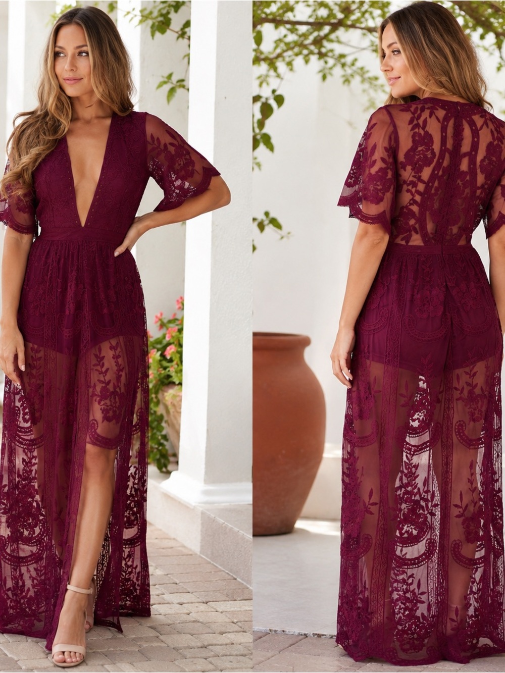HoneyPunch Burgundy Wine
Lace Maxi Romper Size Medium